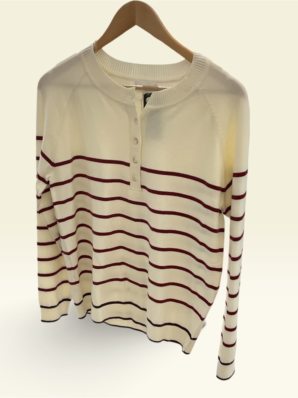 Anniewear Cream Long-Sleeve Henley Top with Burgundy Stripes